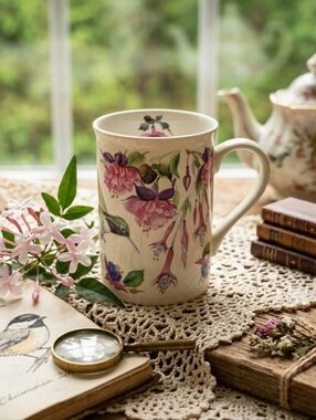 Capilano Birds Valerie Pfeiffer Hummingbird Fuchsia Floral Porcelain Mug 10oz